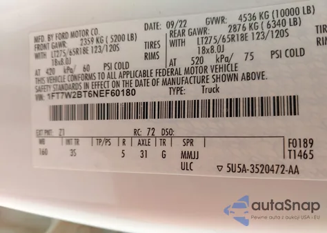 2022 Ford F-250 Xlt из США, поврежденный, VIN 1FT7W2BT6NEF60180